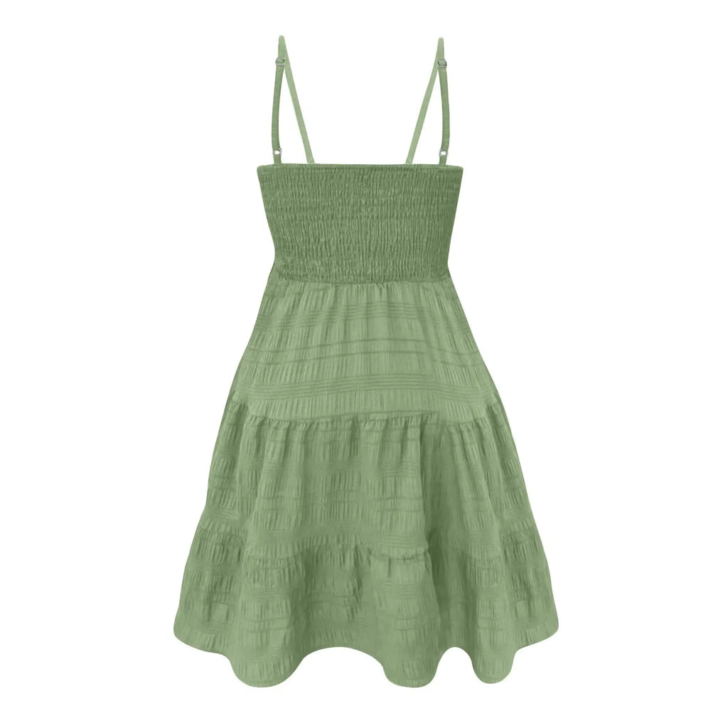 Bohemian Beach Sundress Women Sexy Sleeveless Backless Big Swing Mini Dress Solid Spaghetti Strap Ruffles Dress Summer Vestidos