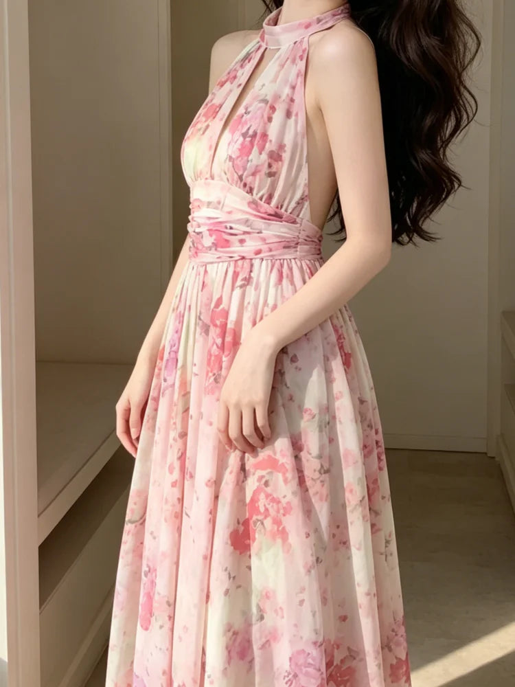 Trendy Keyhole Cutout Open Back Bow Waist Skirt Lady's Floral Print Flared Hem Dating Frock Elegant Halter Neck Women Maxi Dress