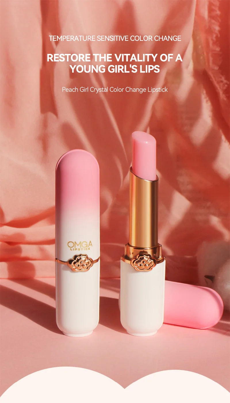 OMGA Color-Changing Lip Balm Jelly Lipstick Moisturizing Waterproof Hydrating Temperature-Sensitive Peach Flavor,Smooth Lips