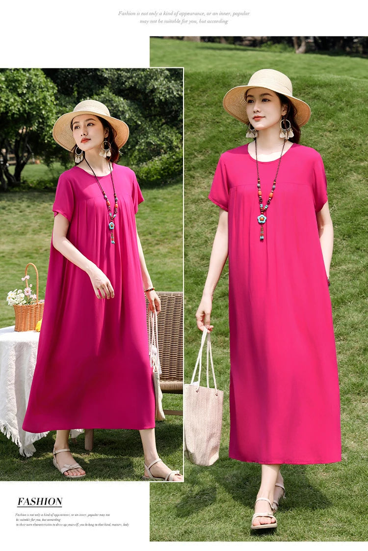 New Fashion Casual 2025 Summer Elegant Dresses For Women O-Neck Print Vintage Short Sleeve Dress Loose Women Clothing