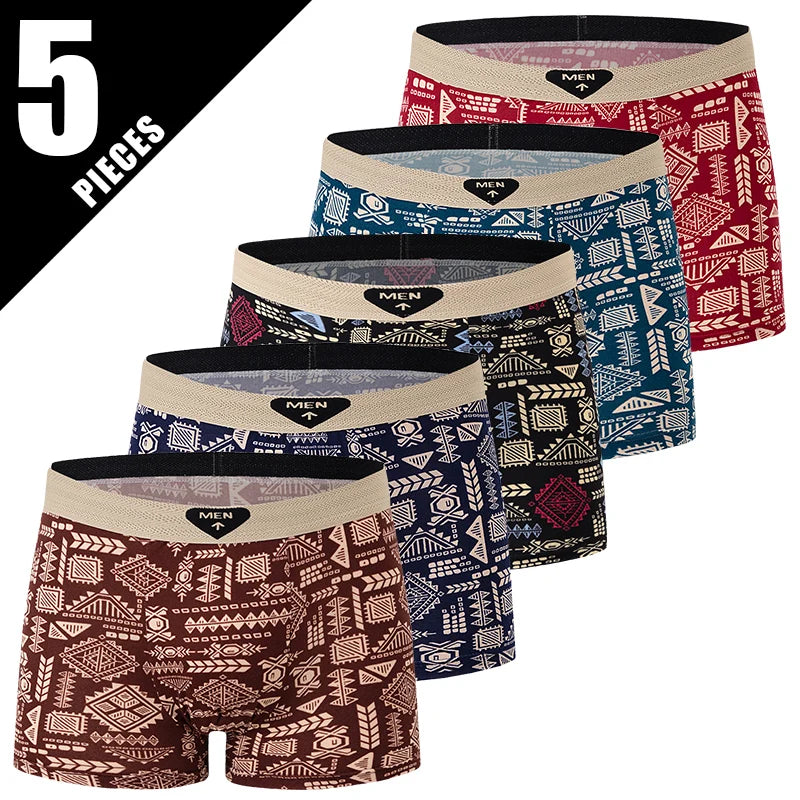 Men's Printed Boyshorts Plus Size Underwear Set For Men With Comfortable Waistband European American Sizes 4 To 5 Pieces