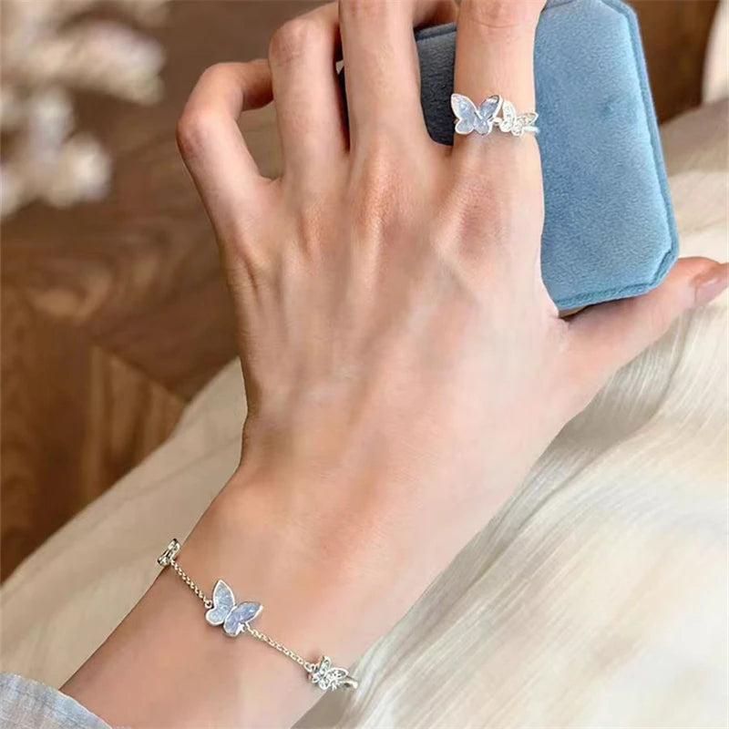 Light Luxury Shiny Zircon Butterfly Bracelet For Women'S Blue Rhinestone Double Butterfly Necklace Earring Set Girls Jewelry
