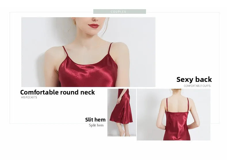 Summer Women Solid Plus Size Ice Silk Sexy Long Spaghetti Strap Nightgown Side Slit Close Fitting Sleep Dress Lingerie Sleepwear