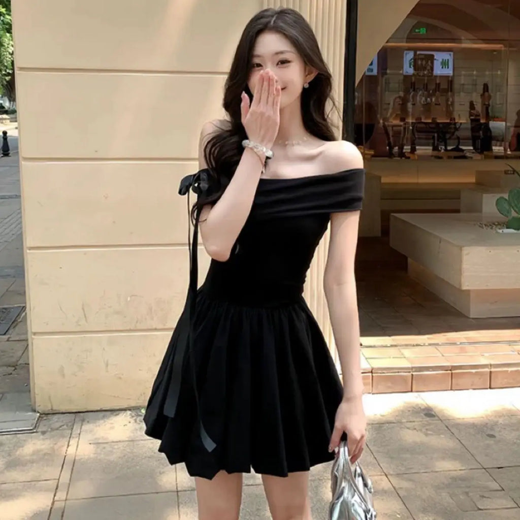 Black Off Shoulder Mini Dress With Bow Decor Ruched Waist Flared Silhouette For Women