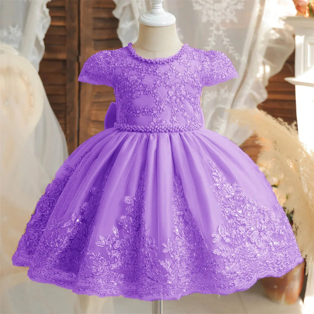 Beading Luxury Short Sleeve Lace Appliques A Line Formal Communion Girl Dress Bow Floor Length Princess Flower Girl Gown New
