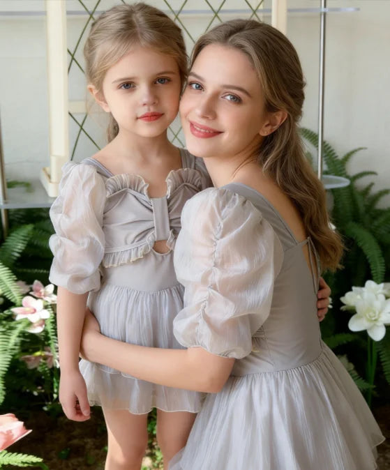Parent-child Swimsuit Cute Puffed Sleeve Princess Dress One-piece Dress Style Parent-child Swimsuit