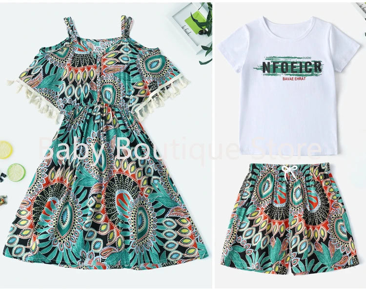 2025 Elegant Floral Girls Dress Family Matching Summer Outfit Off-Shoulder Midi Boho Dress Boys Set Fashionable Beach Vacation