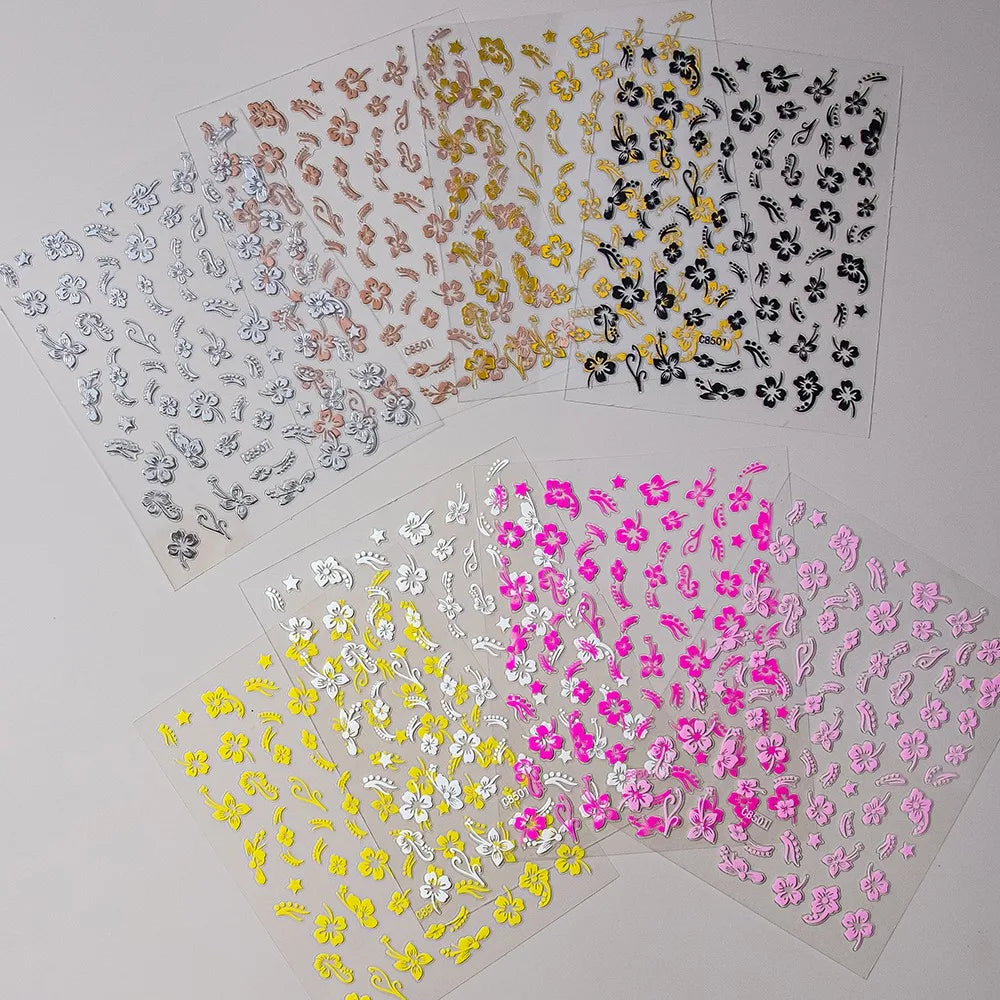 1 pieza 3D pegatinas de hibisco para uñas, flores blancas y negras, pétalos, calcomanías adhesivas, deslizadores florales rosas y dorados para decoración de uñas