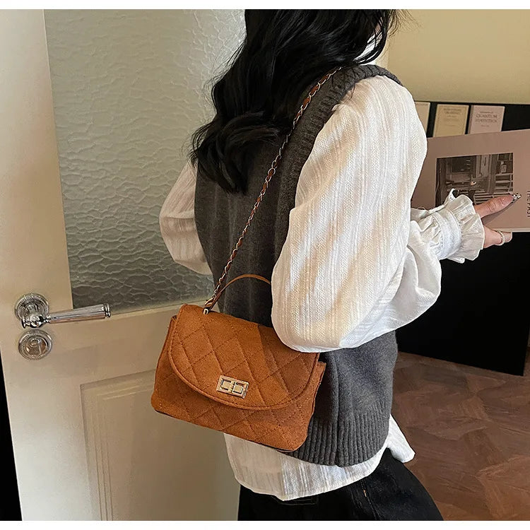Diamond Grid Chain Crossbody Bag One Shoulder Purse Trendy Flip Top Clutch Women's Fashion Suede Leather Casual Shoulder Bag