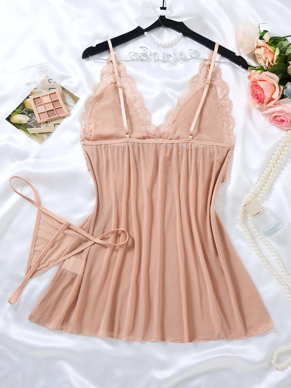 Sleeveless Short Night Dress Summer Sets Lace Tulle Pajamas Hot Women's Sexy Nightgown With Thong Suit Suspender Backless Robe