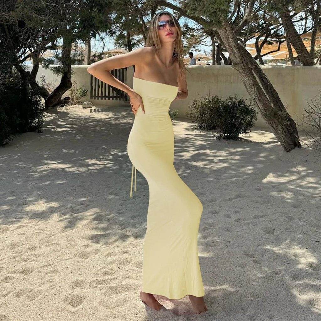 Summer Women Y2K Clothes Beach Vacation Party Elegant Women Solid Strapless Backless Bandage Sexy Bodycon Maxi Dress
