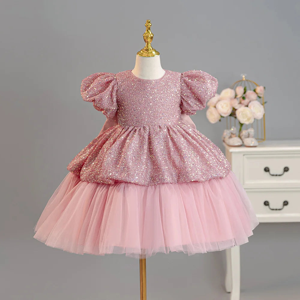 HETISO Princess Dress for Girls Sequins Birthday Layered Style Flower Spring Summer Ball Gown Children's Party Evening Dress
