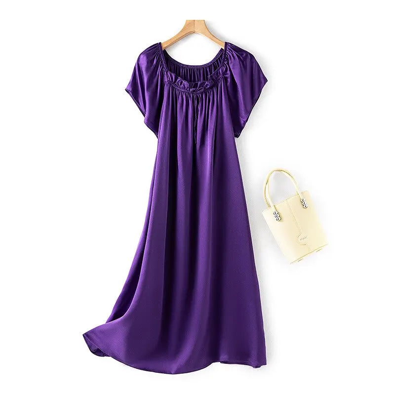 Loose 100%Silk Short Sleeve Nightgown, Summer Medium-long Satin Sleepwear Woman