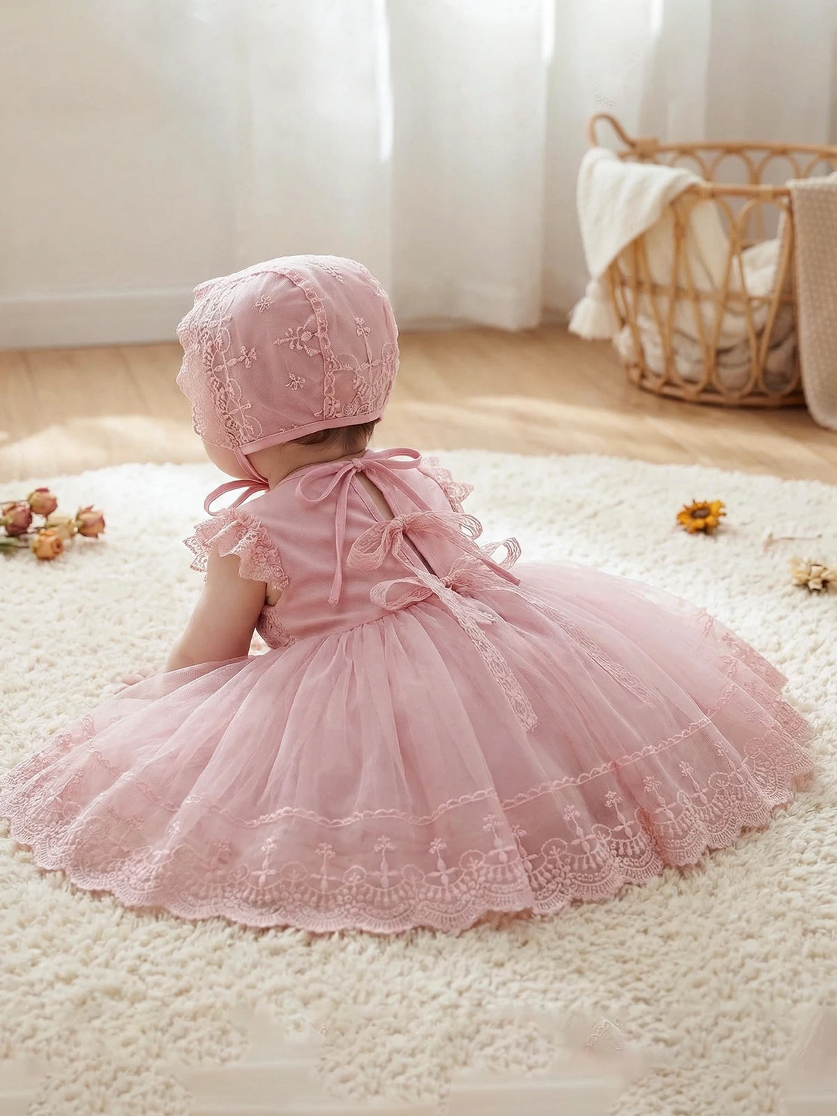 Baby Girl 0-2 Years Old Baby Wine Red Baptism Dress,Lace Net Skirt,Princess Dress,Wedding Flower Girl Dress,Birthday,With Hat