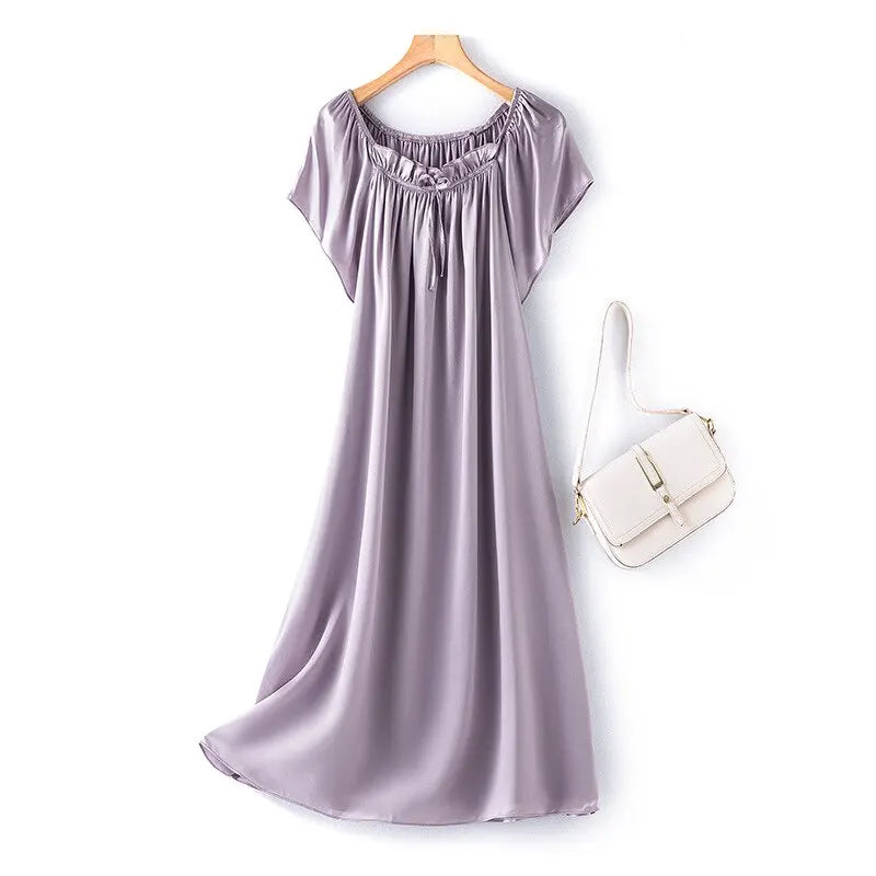 Loose 100%Silk Short Sleeve Nightgown, Summer Medium-long Satin Sleepwear Woman