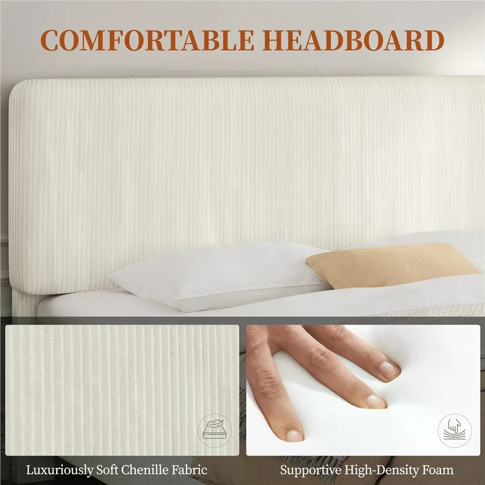 1PC Twin/Full/King Bed Frame With Adjustable Headboard, Mattress Foundation With Wooden Slat Support, Chenille Fabric Upholstered Headboard