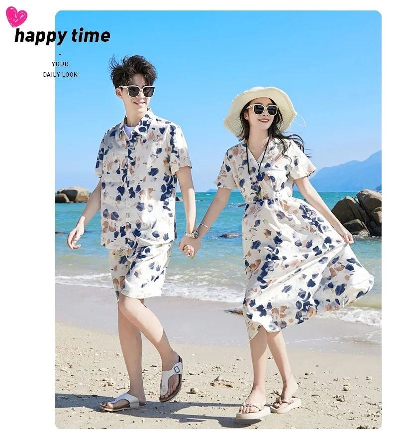 2025 Mom and Daughter Short Sleeve Dress Holiday Summer Family Vacation Look Clothes Dad and Son Shirts Two Piece Outfits Sets