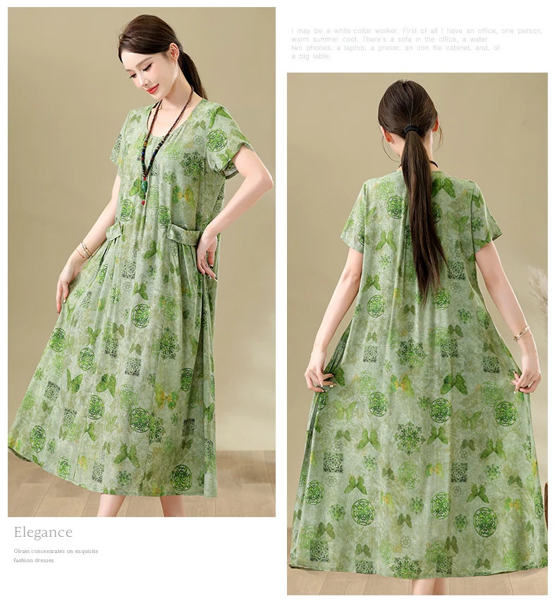 New Fashion Casual Summer Dresses For Women 2026 Loose Plus Size Clothes Elegant printting O-neck Short Sleeve Woman Clothing
