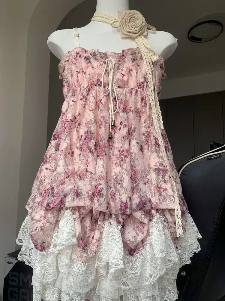 Harajuku Sleeveless Patchwork Vintage Dress Chic 2026 Woman Japanese Sweet Lace Flower Y2k Aesthetic Bandage Grunge Dresses