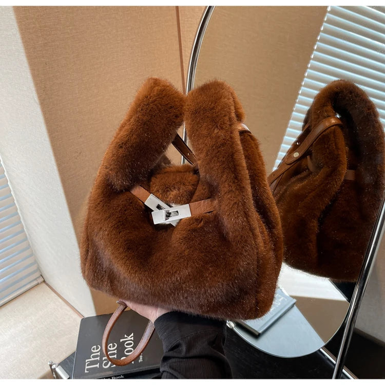 Fashionable Women's Bags Trend 2025 Faux Fur Shoulder Bags Plush Faux Mink Luxury Handbags Chic Crossbody Bag Solid Color Purses