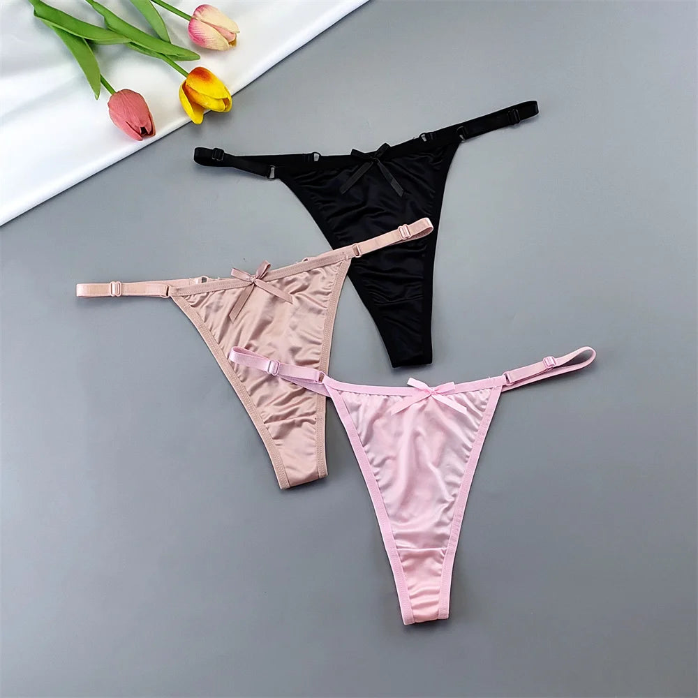 3pcs Women's Low-Rise Satin G-String Thong Panties - Adjustable