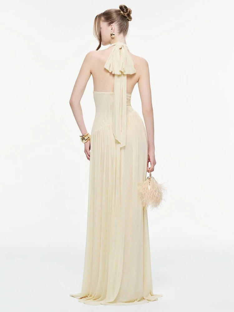 Nibber Backless Fashion Draped Maxi Dress Women Halter Bandage Tassel v-Neck Sleeveless Birthday Party Elegant Chic Vestidos