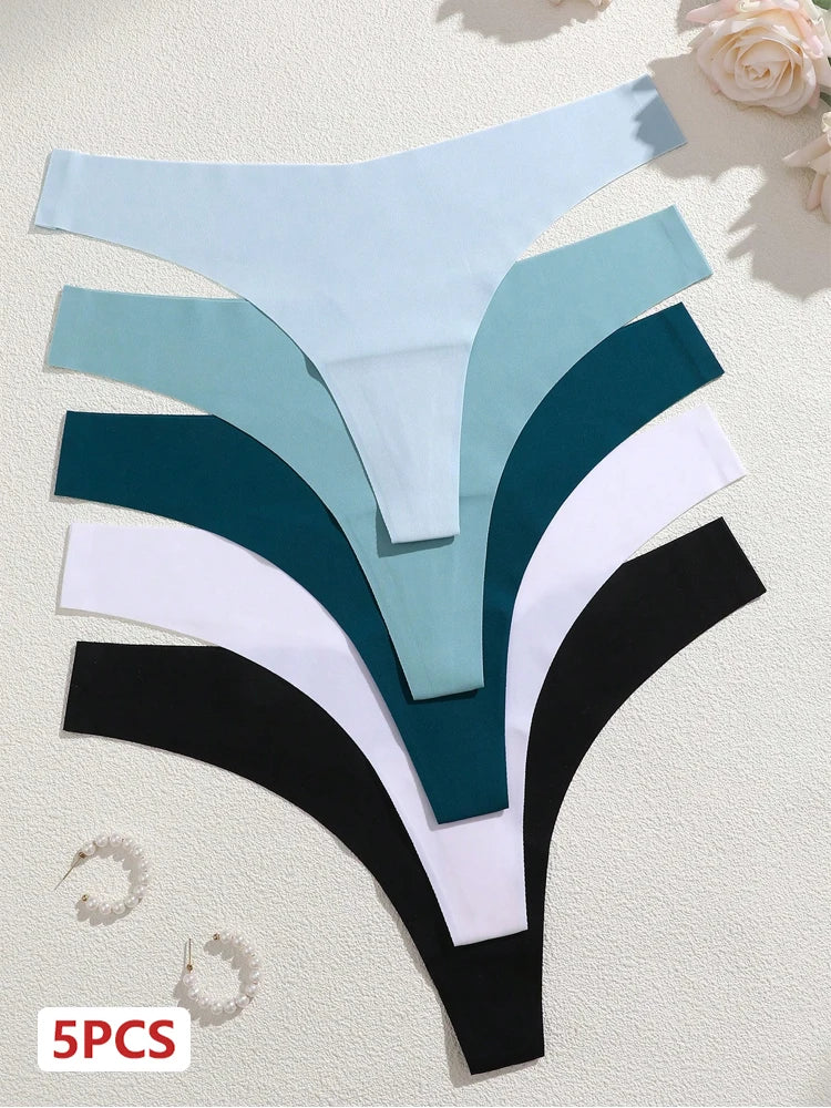 5Pcs Ice Silk Seamless Thongs Women'S'S V-Waist Solid Color Panties Sexy Breathable Low Rise Underwear Invisible Bikini Lingerie