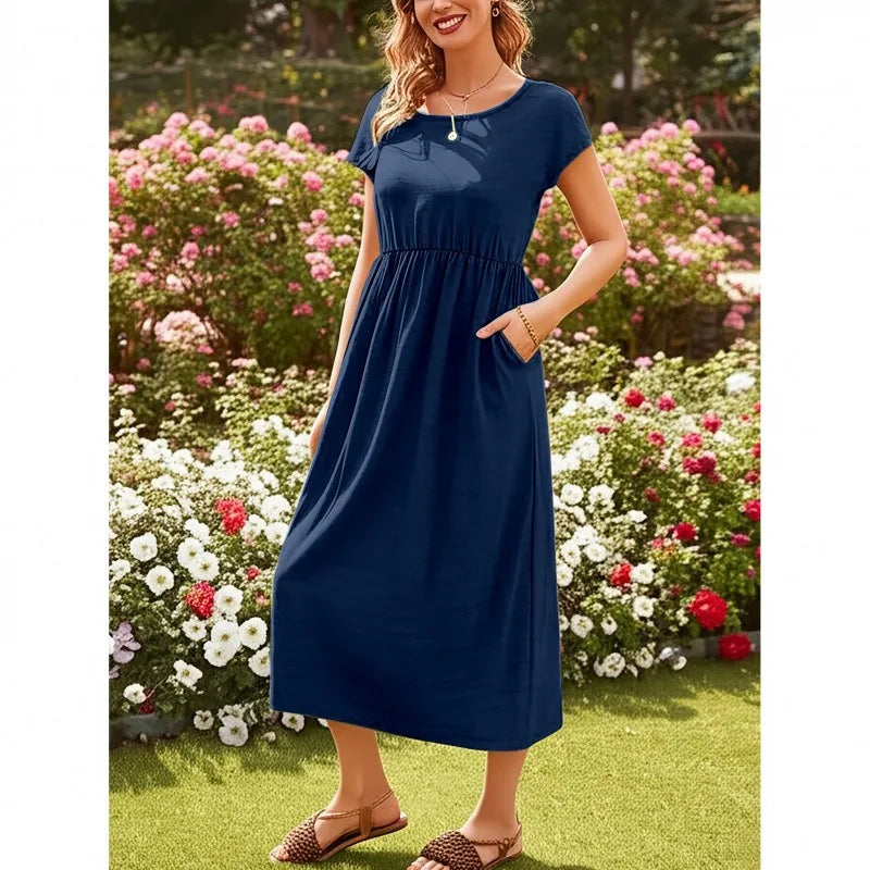 New Casual Round Neck Short Sleeve Solid Flowy Maxi Dress Women EU US Gown