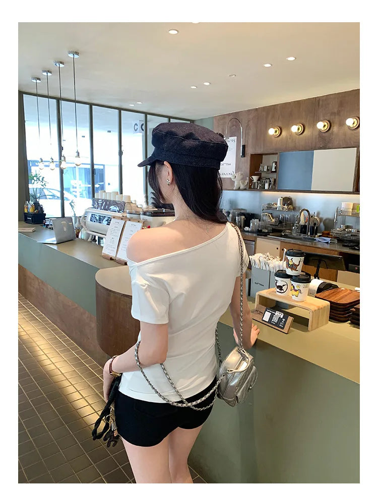 Slim Fit Short Sleeve T-Shirt Women Summer New Style Shoulder Bared Neckline Gathered Waist Elastic Band Casual Style Top