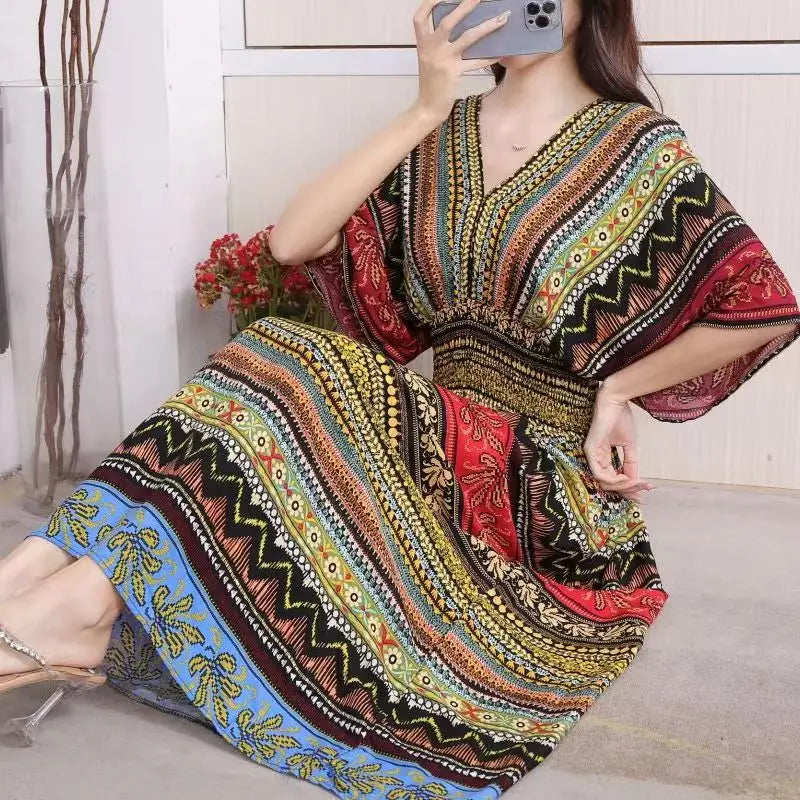 Summer New Casual Elegant Retro Bohemian Style V-neck Elastic Waist Large Swing Printed Long Skirt Autumn Summer Dress