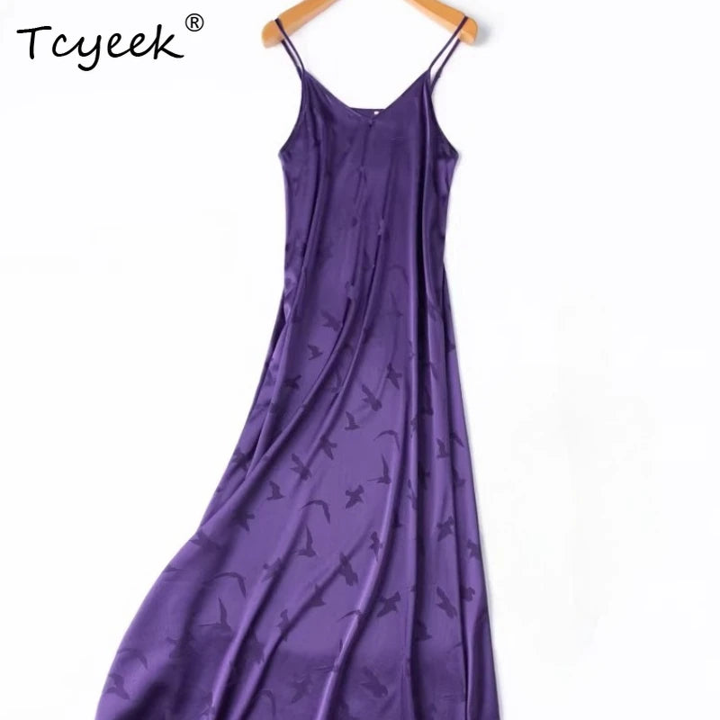 Tcyeek 93%  Mulberry Silk Slip Dress for Women 2026 Summer Dresses Fashion Smooth Jacquard Clothes for Ladies Vestidos De Mujer