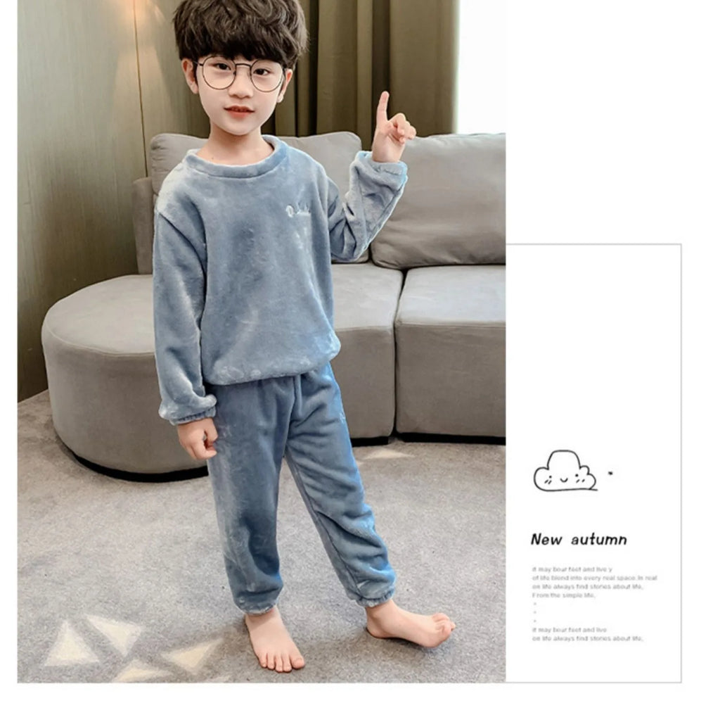 2pcs Boy Girl Kids Fall Winter Sleepwear Toddler Children Baby Coral Fleece Warm Sweatshirt Pant Set Flannel Pajama Pullover Top