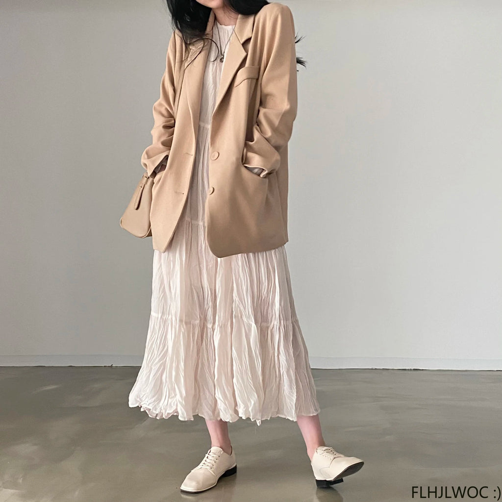 Autumn Spring Wrinkle Loose Dresses New Hot Women Cute Japan Style Retro Vintage Girls Holiday Casual Solid Apricot White Dress