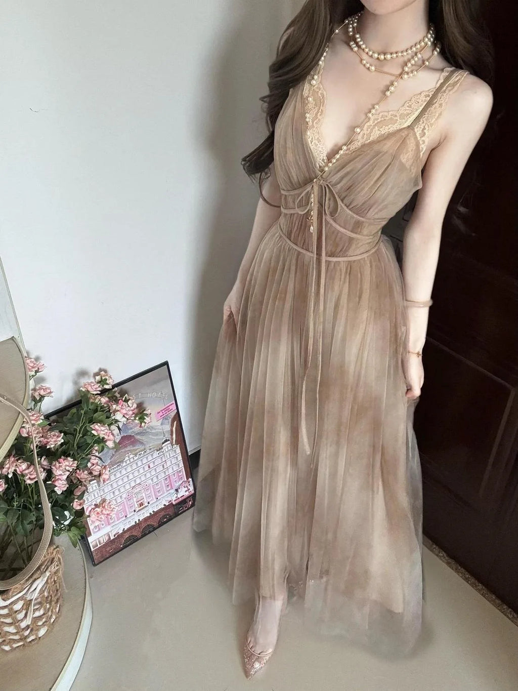 Chunshan Yuan Dai Lace Sleeveless Dress Net Collar Women's Summer New Style Casual Long Sleeve Dress with Inner Lace Shirt