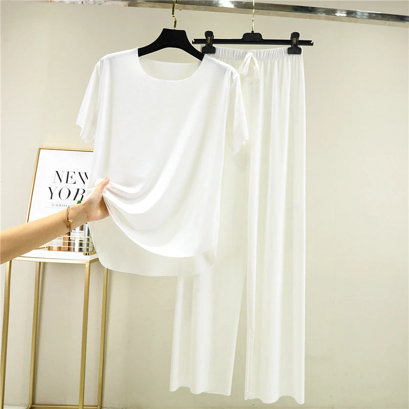 Women's Ice Silk Two-Piece Set - Round Neck T-Shirt and Loose Pants