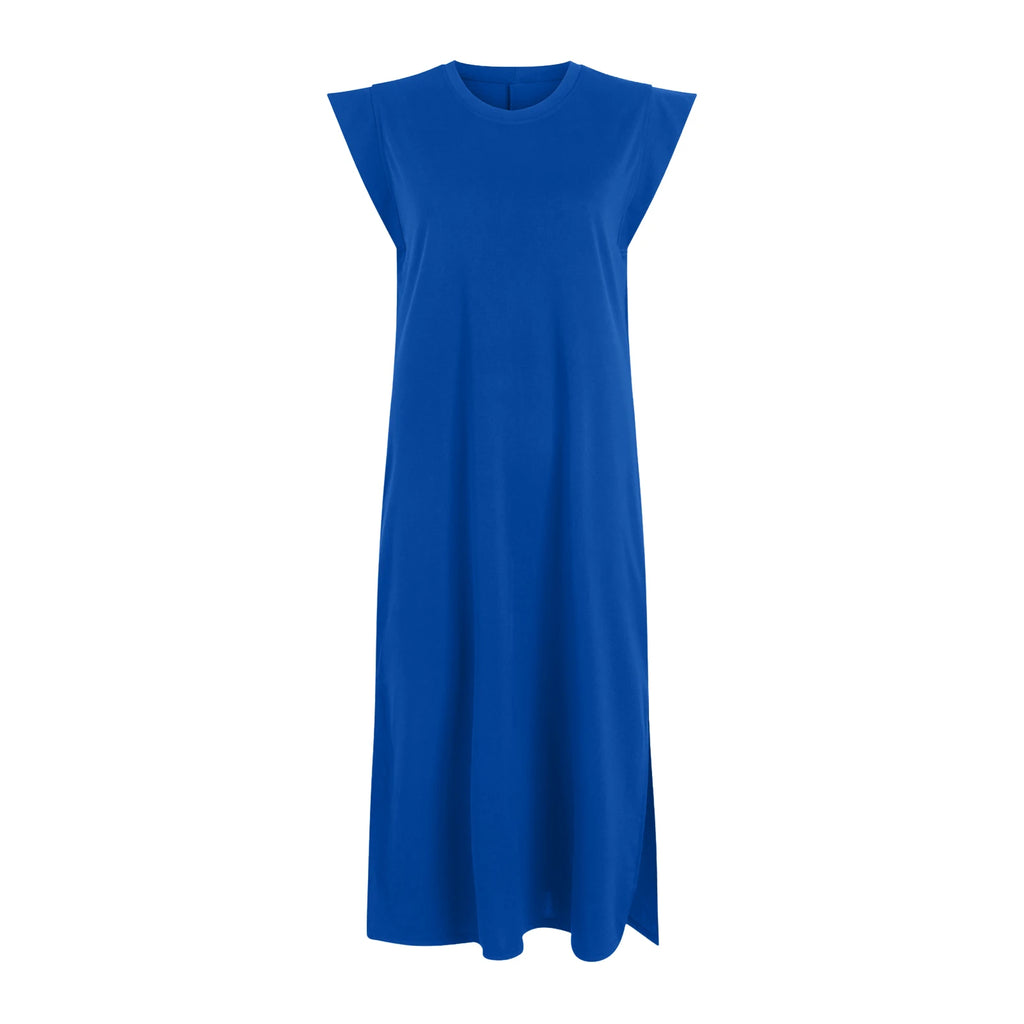 Women's Solid Color Summer Dress Flying Short Sleeve Loose Fit A Line Long Dress Casual Oversized O Neck Beach Vestidos Mujer