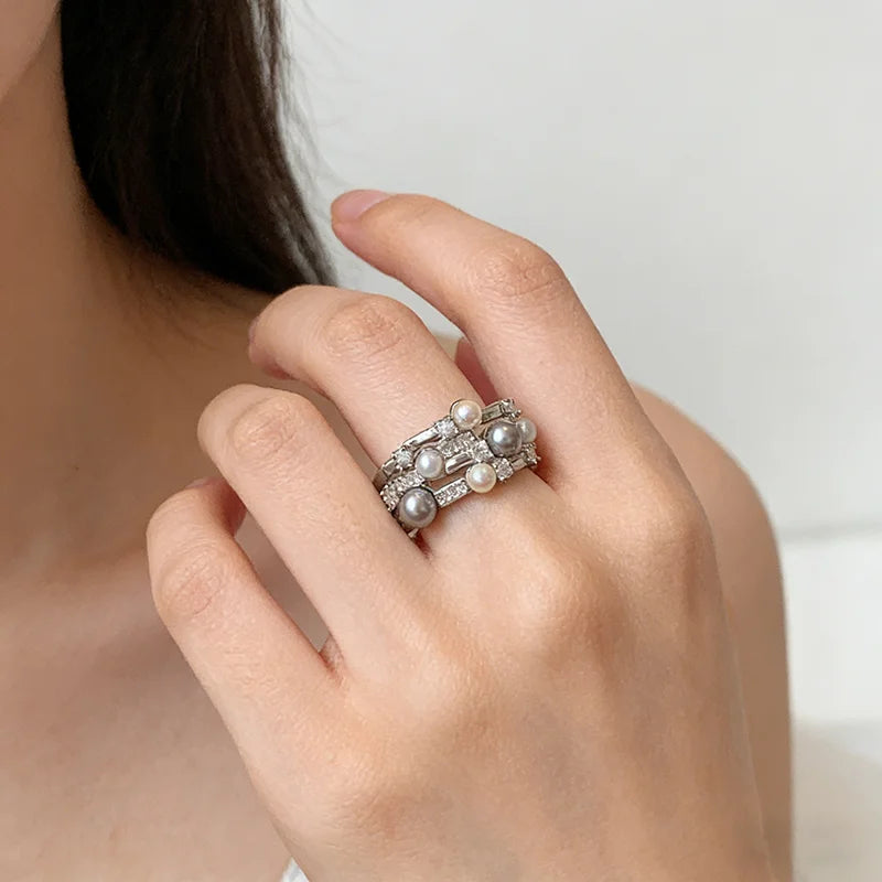 Cold Wind Imitation Pearl Zircon with Multi Layer Metal Open Rings 2026 Gothic Girl's Trendy Jewelry Luxury Jewelry For Women