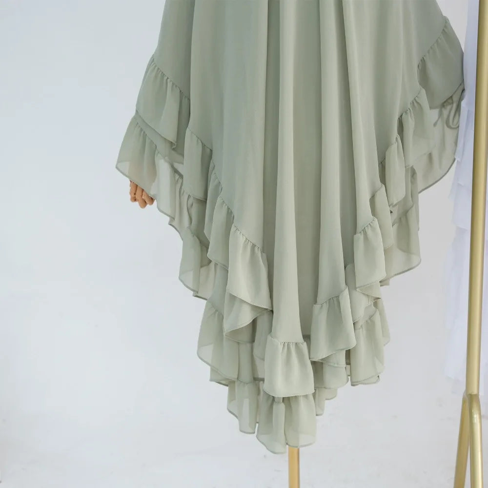 Ruffled Long Chiffon Muslim Abaya Solid Color One-piece Ramadan Khimar Abaya Headscarf Prayer Dress Dubai Saudi Black Robe