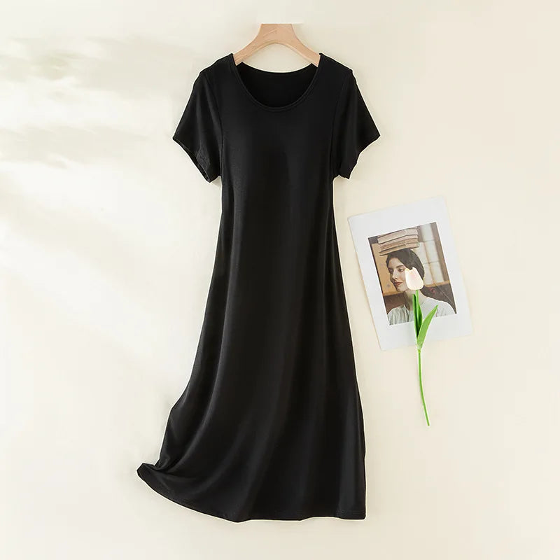 Summer Night Dress Modal Chest Pad Loose Casual Medium and Long Short Sleeved Home Nightgowns Women Sleepwear Night Gown M-3XL
