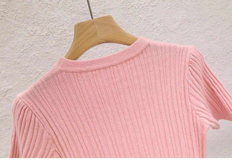 Korean Knit Crop Tee | Women's Casual Solid Basic Top