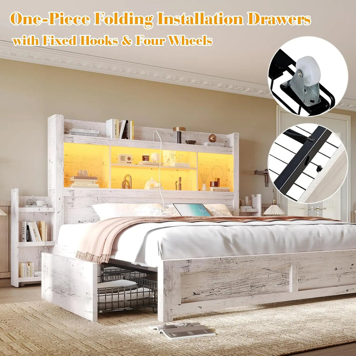 White Queen Storage Bed Bookcase Headboard Charging Station 4 Drawers Wood Platform No Box Spring, Customized