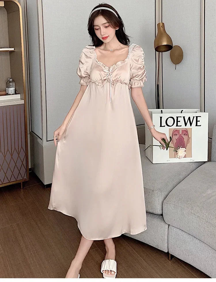 Satin Long Nightgown Women Sweet Lovely French Sleepwear Retro Silk Short Sleeve Sleepshirt Ladies Fashion Nightdress Home Dress