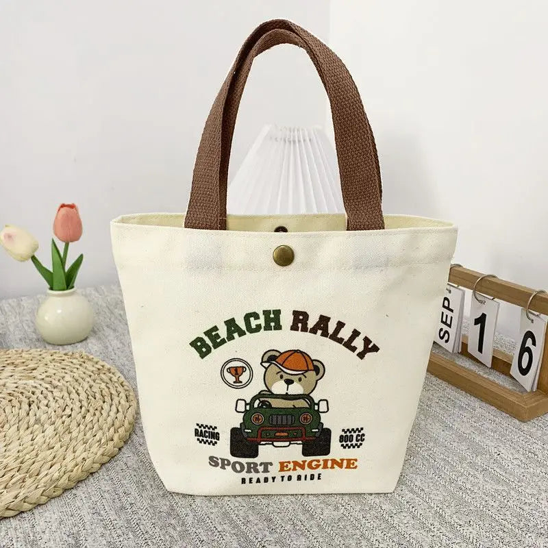 Bear Shape Canvas Tote Bag For Women Cute Mini Handheld Lunch Bag Student School Bag Gift Bag