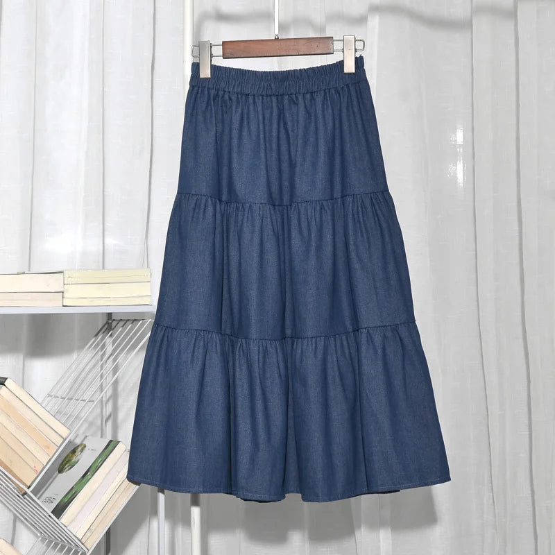 Women's Denim Midi Skirt A-Line Patchwork Elastic Waist Korean Style