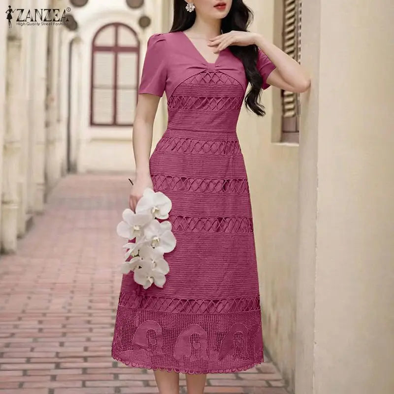 Stylish Women Lace Patchwork Dresses ZANZEA 2026 Summer Sundress Elegant V Neck Party Dress Short Sleeve Embroidered Work Robes
