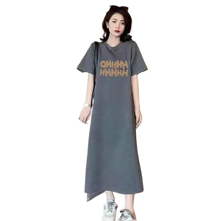 plus Size Long Knee-Length Summer Dress Women's Short Sleeve round Neck Loose Fit Knitted Fabric Straight Cut Casual Style