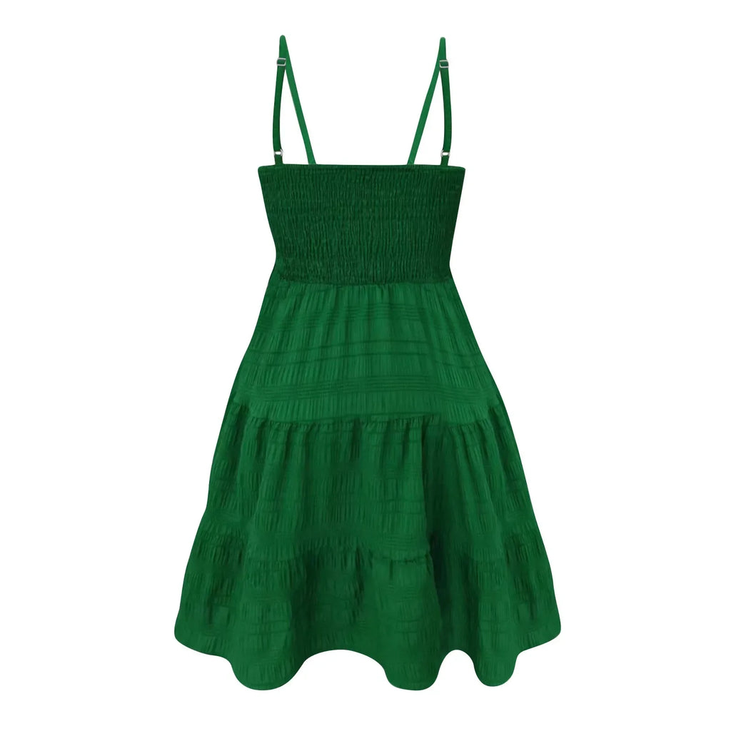 Bohemian Beach Sundress Women Sexy Sleeveless Backless Big Swing Mini Dress Solid Spaghetti Strap Ruffles Dress Summer Vestidos