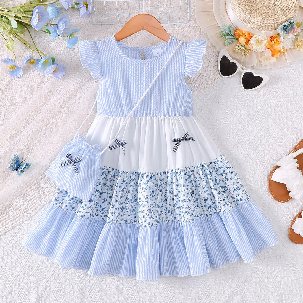 2Pcs/Set Summer Girls' Dress with Striped Small Floral Patchwork Design Dress+Mini Bag Set, Fashion Dress for Girls 2-7 Years