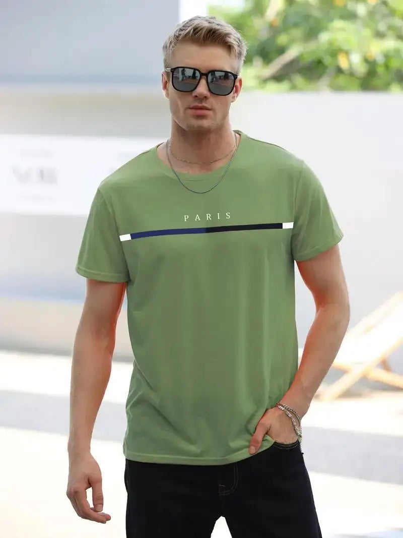 Paris Theme Pattern Print  T-shirt,Pattern T-shirt Men's Summer Wear,Men's Clothing