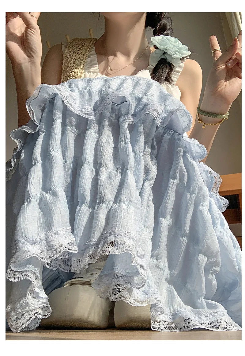 Sweet Lace Ruffles Long Skirt Women Summer Cute Puff Cake A Line Skirt Woman Korean Style High Waist White Chiffon Tulle Skirt